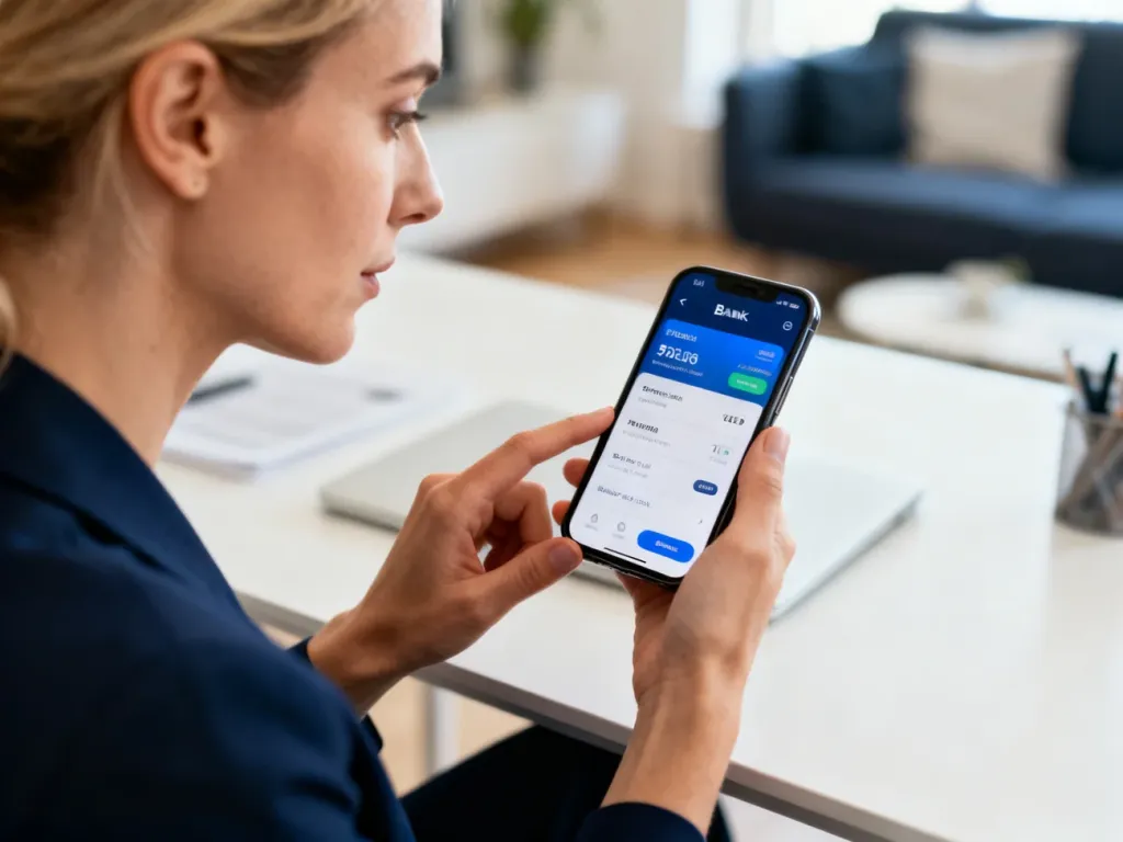 Kobieta korzystająca z aplikacji bankowej na smartfonie w nowoczesnym biurze domowym.