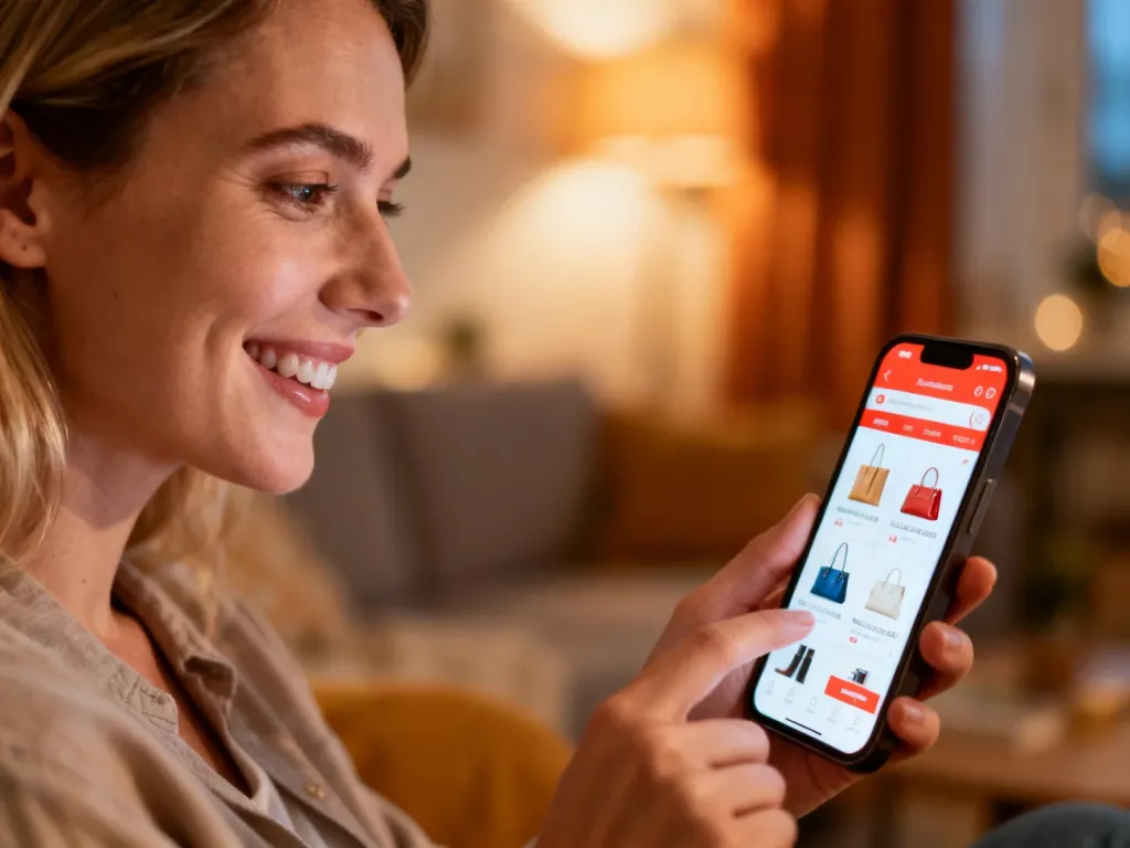 Uśmiechnięta kobieta przegląda aplikację zakupową na smartfonie w przytulnym salonie.