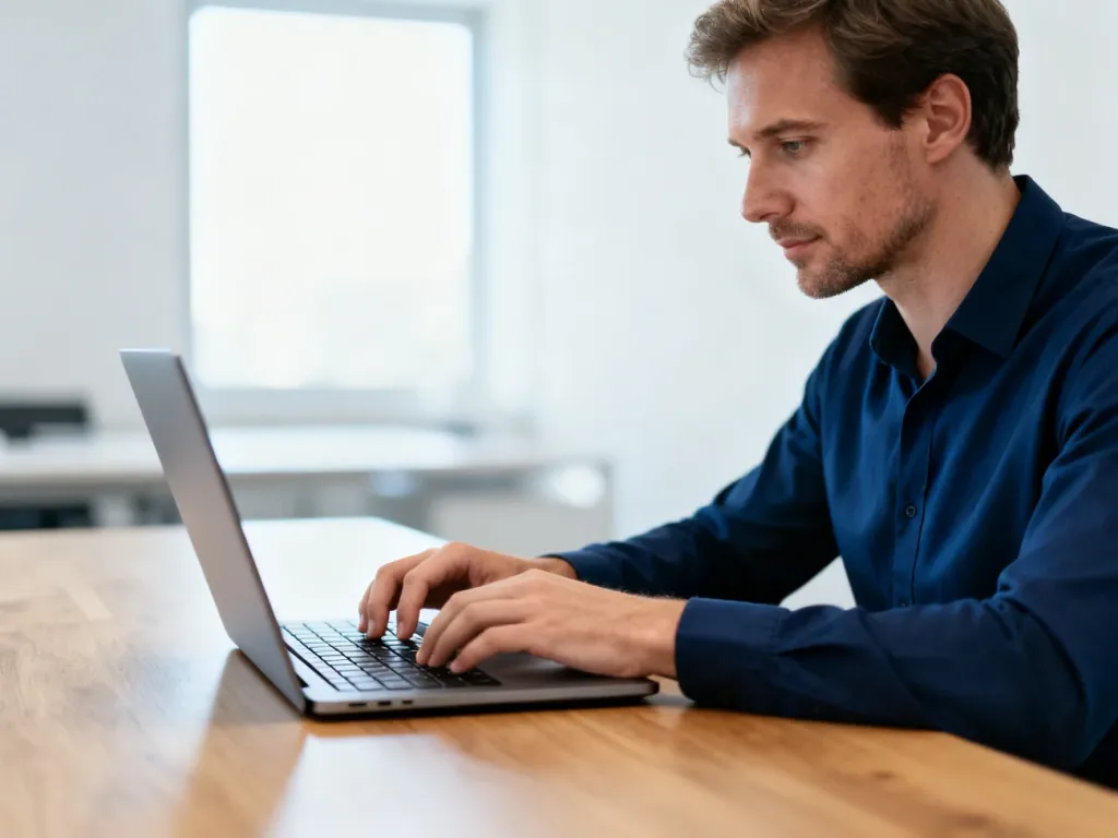 Mężczyzna pracujący przy laptopie w nowoczesnym biurze, wykonujący przelew bankowy w ramach mechanizmu podzielonej płatności.