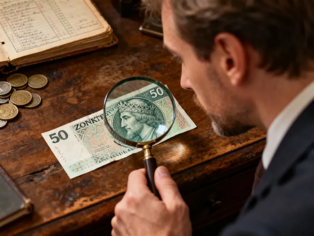 Mężczyzna z lupą bada detale starego banknotu 50-złotowego na drewnianym biurku, sprawdzając jego autentyczność i wartość.