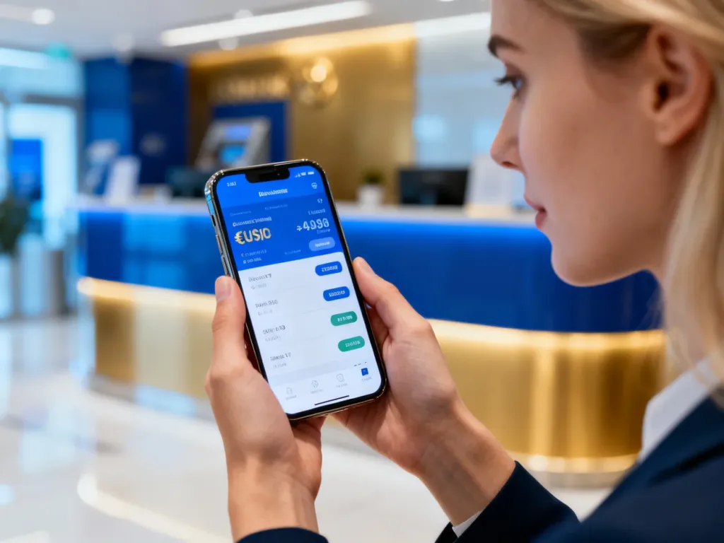 Kobieta sprawdza kurs walut w aplikacji mobilnej na ekranie smartfona w nowoczesnym wnętrzu banku.