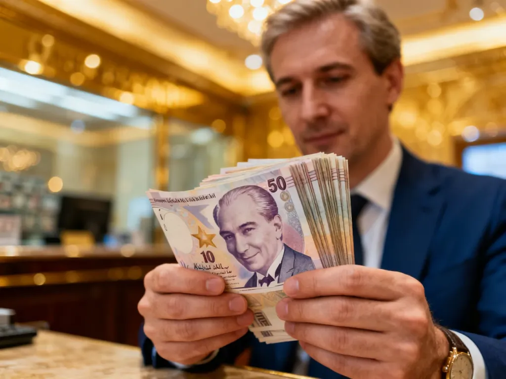 Mężczyzna trzymający w dłoniach plik banknotów liry tureckiej na tle kantoru. Ilustracja do artykułu o przeliczniku walut.