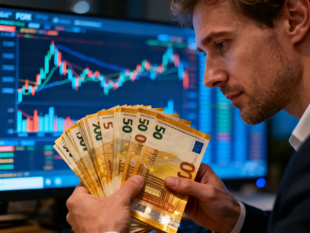 Mężczyzna trzymający plik banknotów euro na tle wykresów giełdowych, symbolizujący operacje finansowe i wymianę walut.