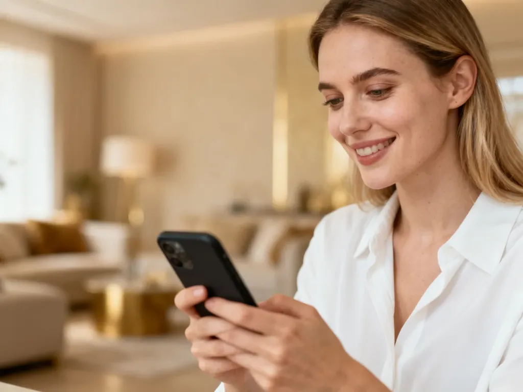 Zadowolona kobieta trzymająca smartfon w przytulnym salonie, symbolizująca szybkie i udane transakcje na Vinted.