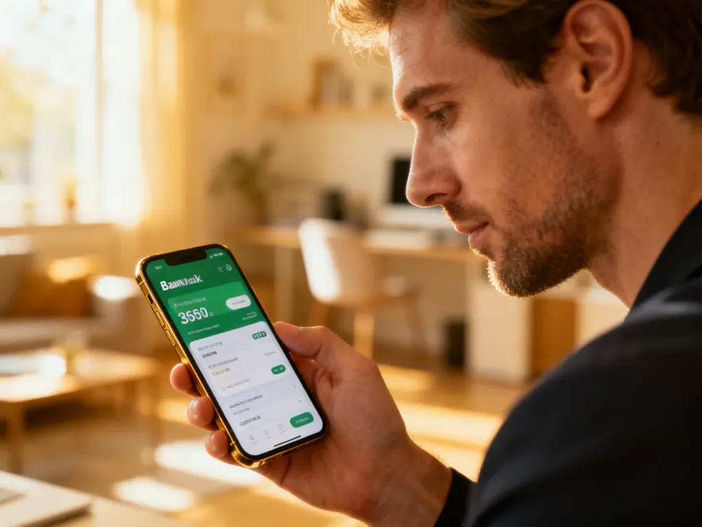 Mężczyzna korzystający z aplikacji bankowej na smartfonie w domowym biurze, sprawdzający koszty przelewów.