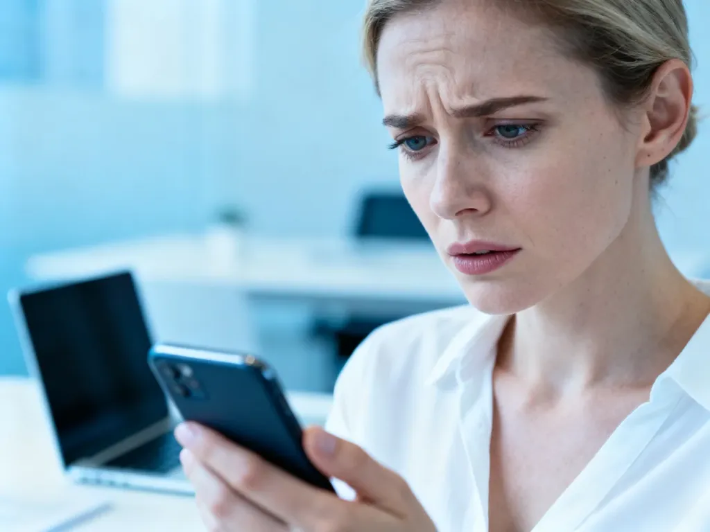 Zaniepokojona kobieta trzymająca smartfon w biurze, ilustrująca sytuację wymagającą pilnego kontaktu z bankiem.
