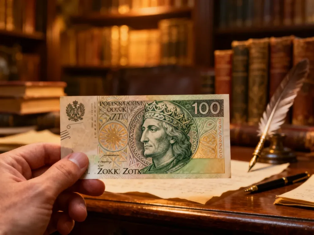 Zbliżenie na banknot 100 zł z wizerunkiem króla Władysława II Jagiełły na tle gabinetu z antycznymi książkami.