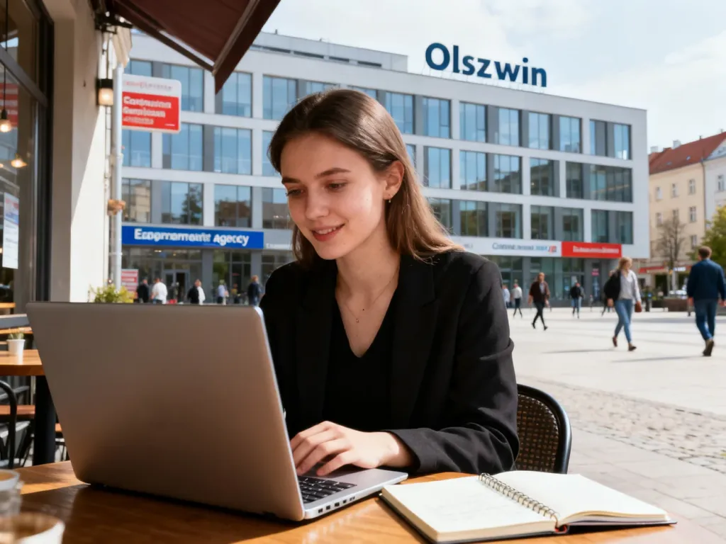 Młoda kobieta przegląda oferty pracy na laptopie w olsztyńskiej kawiarni, w tle nowoczesne biura i agencje zatrudnienia, no text on the picture